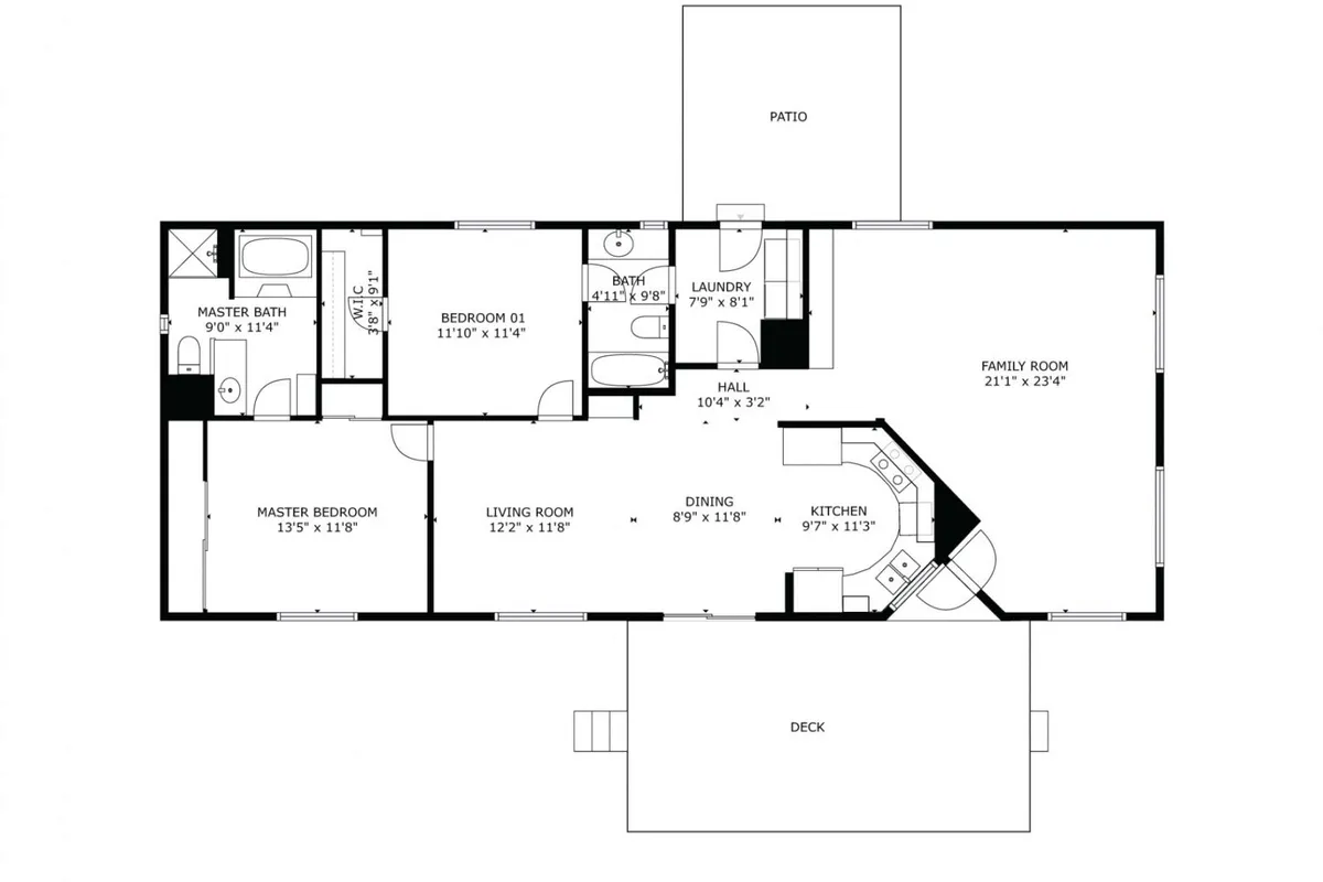An open-concept family room seamlessly flows into a bright kitchen and dining area, with a view out to a patio and deck. The dining space is positioned to capture natural light and hints at scenic views, perfect for enjoying meals together. The space exudes both practicality and comfort, ideal for shared experiences.